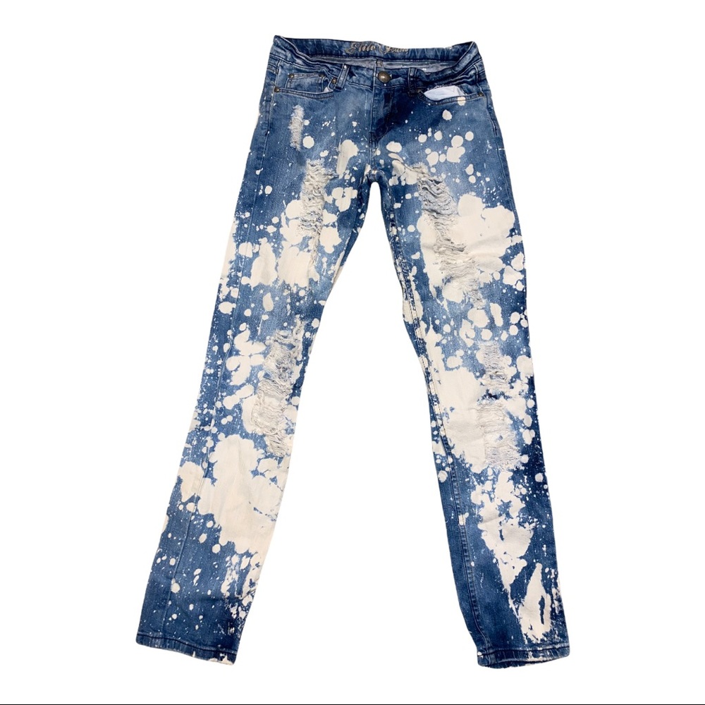 Bleach Splattered Ripped Denim Blue Jeans
